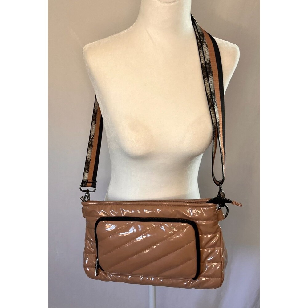 Think Royln Bank Street XL Crossbody Bag Nude Patent Quilted Puffer Pouch Tan